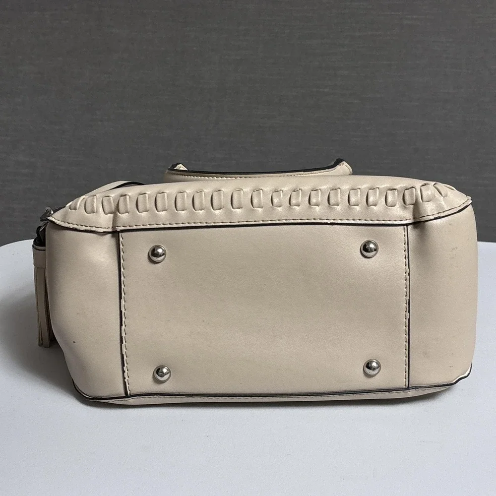 London Fog Satchel‎ Top Double Handle Bag Beige Faux Leather Tassel Purse Medium